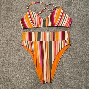 Aerie Orange Striped High Leg Bikini Set | Size M